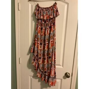 Poetry Women's Dress Tiered Hem High Low Midi Strapless Mixed Print Size M BOHO